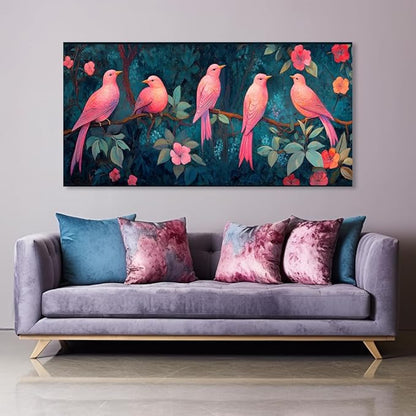 Pink Birds Canvas Wall Art Birds Floral Tree Canvas Pictures Bird on Tree Branch Painting Flower Wall Decor Canvas Nature Farmhouse Animal Painting for Girl’s Room Bedroom Bathroom Living Room (16x32 Inches)