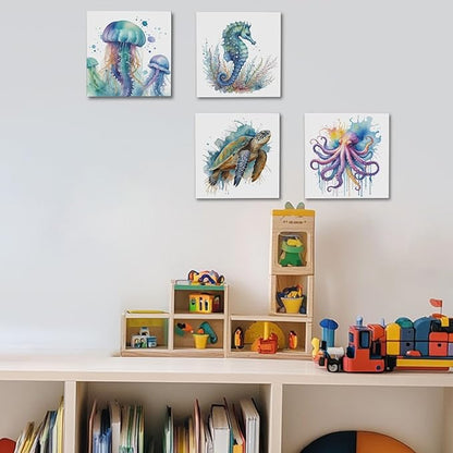 4 Pcs Watercolor Octopus Sea Turtle Seahorse Jellyfish Canvas Wall Art Framed Sea Animals Art Posters Pictures Wall Decor Ocean Canvas Decoration Artwork for Walls Home Living Room Bedroom Office