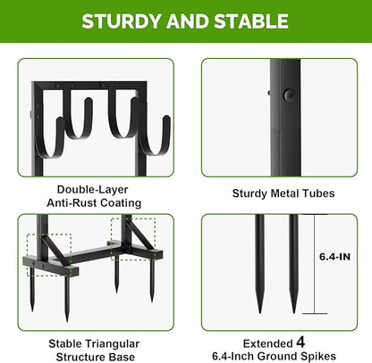 Heavy-Duty Garden Hose Holder with Stable Base and Tool Hooks, Freestanding Metal Hose Hanger Garden Hose Storage Holds 151Ft Hose, Rustproof Water Hose Holder for Outside Yard Lawn, Black