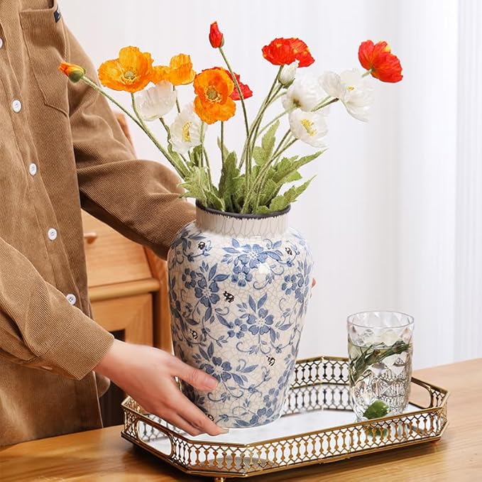 Denique Vintage Blue and White Porcelain Vase Ceramic Vase for Home Decor, Retro Crack Blue Flower Vase Pottery Vase Chinoiserie Decor Rustic (6.3x9.8inch)