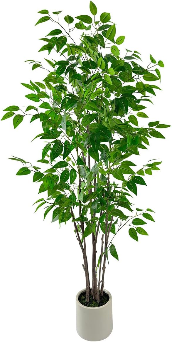 Artificial Ficus Tree with Green Leaves, 5ft Tall, Indoor Plant with Decorative Beige Planter