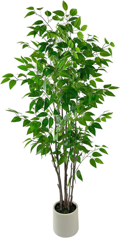 Artificial Ficus Tree with Green Leaves, 5ft Tall, Indoor Plant with Decorative Beige Planter