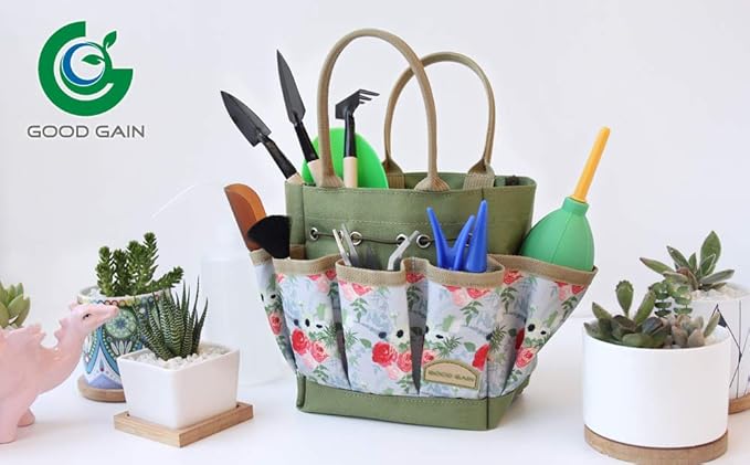 G GOOD GAIN Garden Succulent Kit with Organizer Bag, 15Pieces Succulent Tools, Indoor Mini Hand Gardening Tools Set with Carrier for Bonsai Planter Miniature Fairy Planting Care(Rose)