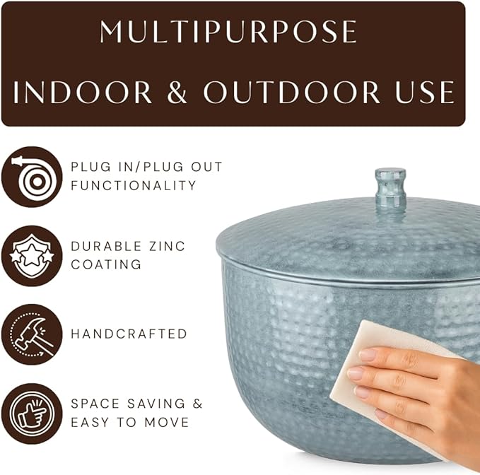 Monarch Abode Garden Hose Holder with Lid – Decorative Water Hose Holders for Outside, Hand Hammered Metal Patina Pot with Drainage, 100ft Waterhose Holder for Outside, Garden Storage Caddy
