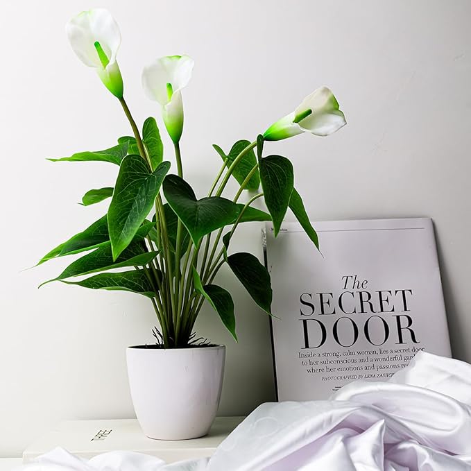 Folmywy Artificial Flower Plants Calla Lily 16 Inch Fake Peace Lily Potted Plant White Silk Plant Faux Bonsai Indoor Realistic Greenery Home Table Centerpieces Office Outdoor Garden Decor