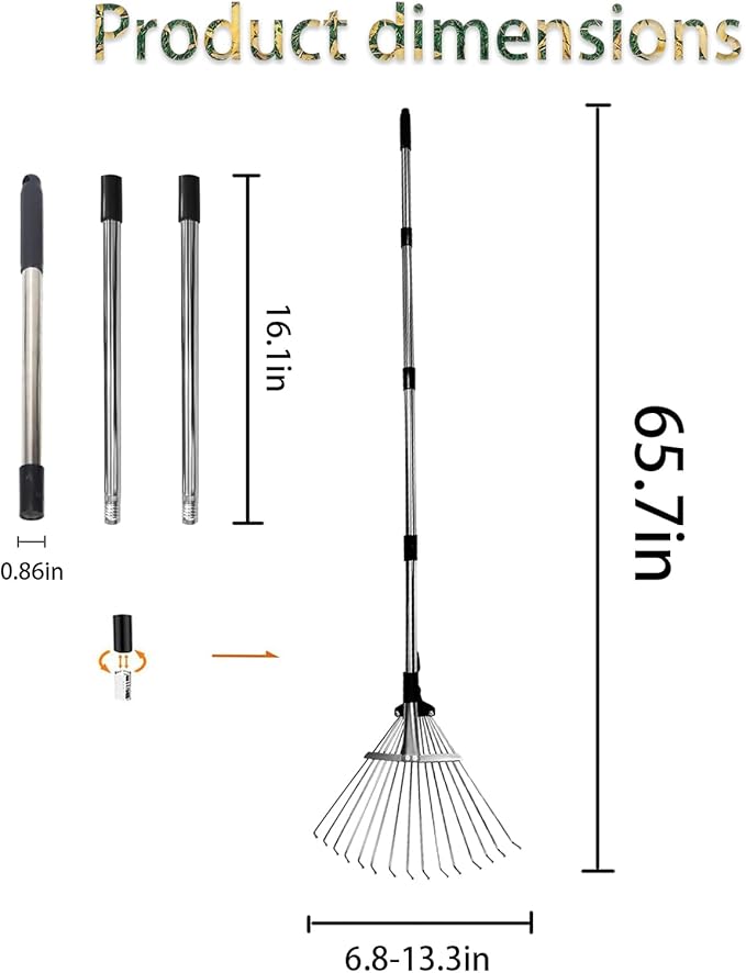 Adjustable Garden Rake, Heavy Duty 34 to 67 Inch Expandable Leaf Rake with 7-14 inch Wide Head, Shrubs, Yard, Garden Beds, Professional Landscaping Tools