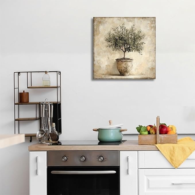 Olive Tree in Vessel Rustic Canvas Wall Art Neutral Botanical Wall Decor Pictures Antique Vintage Potted Plant Poster Prints for Farmhouse Kitchen Dining Room Home Decoration 12x12in Ready to Hang