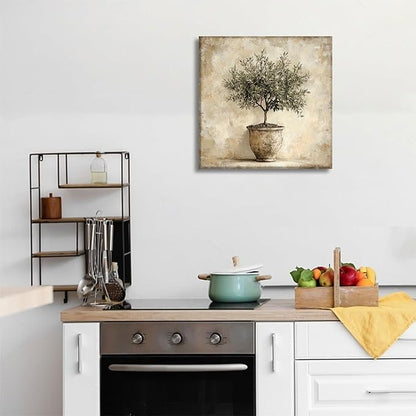 Olive Tree in Vessel Rustic Canvas Wall Art Neutral Botanical Wall Decor Pictures Antique Vintage Potted Plant Poster Prints for Farmhouse Kitchen Dining Room Home Decoration 12x12in Ready to Hang