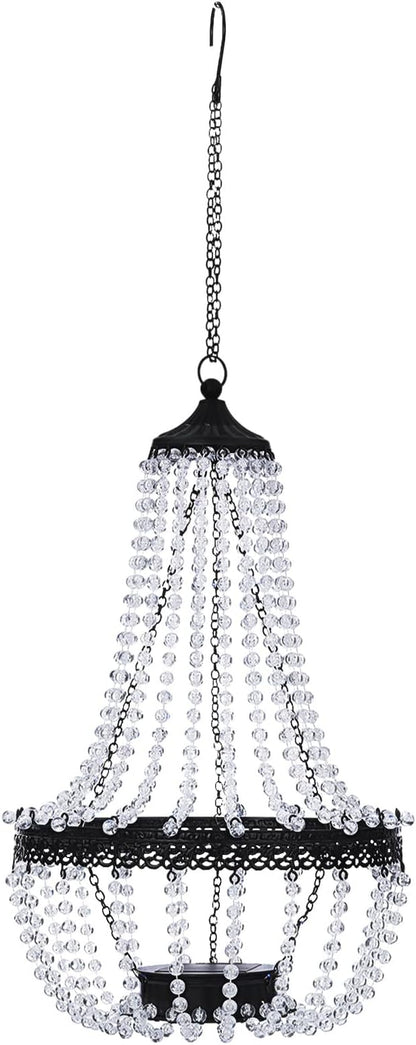 Hanging Solar Lantern Outdoor, 28” Modern Clear Crystal Acrylic Chandelier with 30 Cool White Lights S Hook for Garden, Yard, Patio, Gazebo Decorations