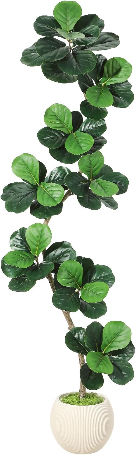7ft Artificial Fiddle Leaf Fig Tree, Tall Fake Plants with White Planters, Artificial Plants Indoor with Realistic Moss for Home Decor Office Living Room