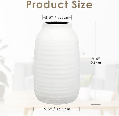 Briful White Ceramic Vase for Pampas Grass – 9.4” Tall Ribbed Modern Vase, Minimalist Farmhouse Table Centerpiece, Boho Home Decor for Dried Flowers, Shelf, Mantel & Entryway Styling