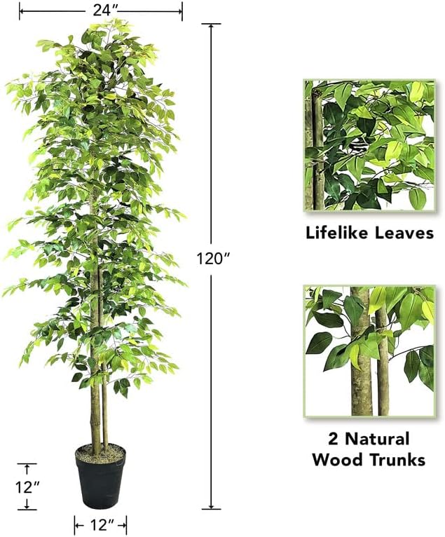 10ft Artificial Ficus Tree in Black Plastic Pot - Real Wood Trunk, Preassembled, No Maintenance Indoor Faux Plant - Living Room, Home & Office Decor