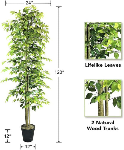 10ft Artificial Ficus Tree in Black Plastic Pot - Real Wood Trunk, Preassembled, No Maintenance Indoor Faux Plant - Living Room, Home & Office Decor