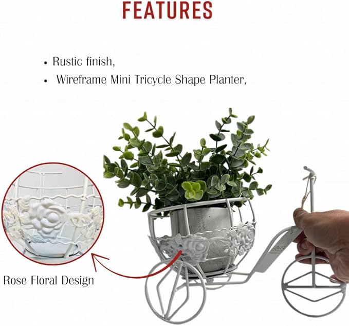 White Metal Antique Finish Mini Cycle Planter | All-Season Decorative Planter for Indoor & Outdoor Plants | Shabby Chic Garden Decor for Patio, Porch & Backyard | Thoughtful Gift