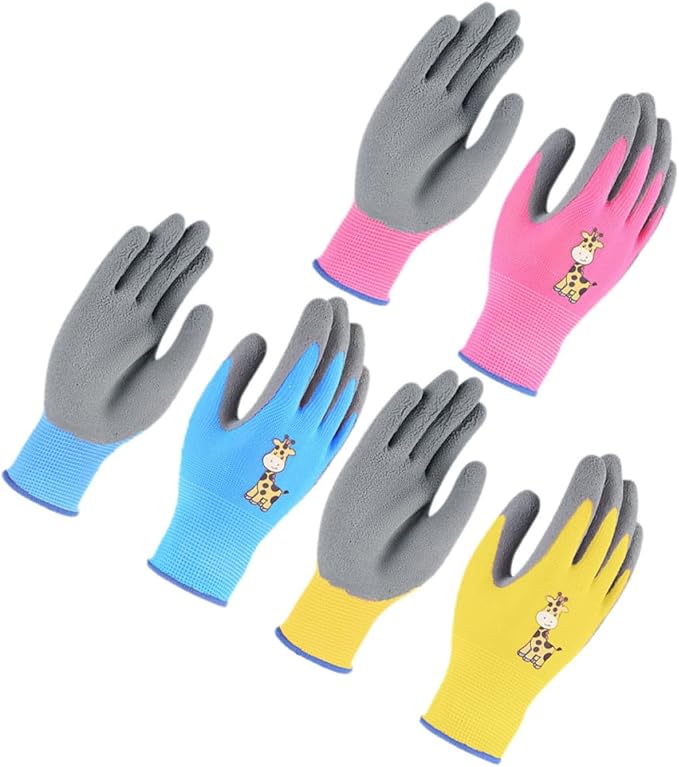 GANAZONO 3 Pairs Outdoor Work Gloves for Pruning, Weeding, and Protective Use, Size S, Cartoon Blue, Yellow, and Pink Giraffe Design