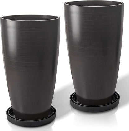 ZMTECH 21 Inch Tall Outdoor Planters Set of 2 Round Tall Plant Pots for Outdoor/Indoor with Shelf Inset, Dark Brown Glossy Smooth Finish - Large Plastic Pots with Drainage Holes for Front Porch Patio