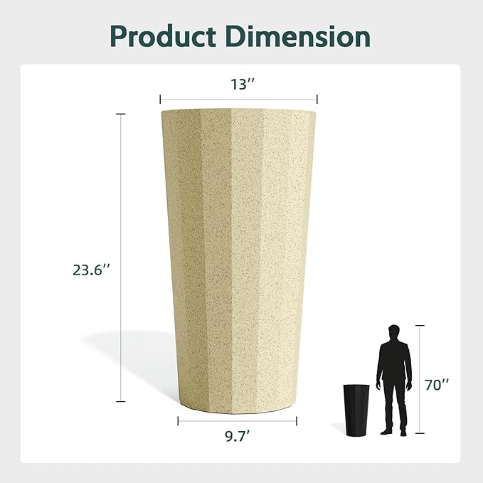2PCS Tall Planters for Outdoor Plants, 23.6 Inches Large Outdoor Conical Flower Pots for Porch with Drainage Holes and Drainage Baffle, Tapered Large Planters for Garden, Balcony Use, Beige