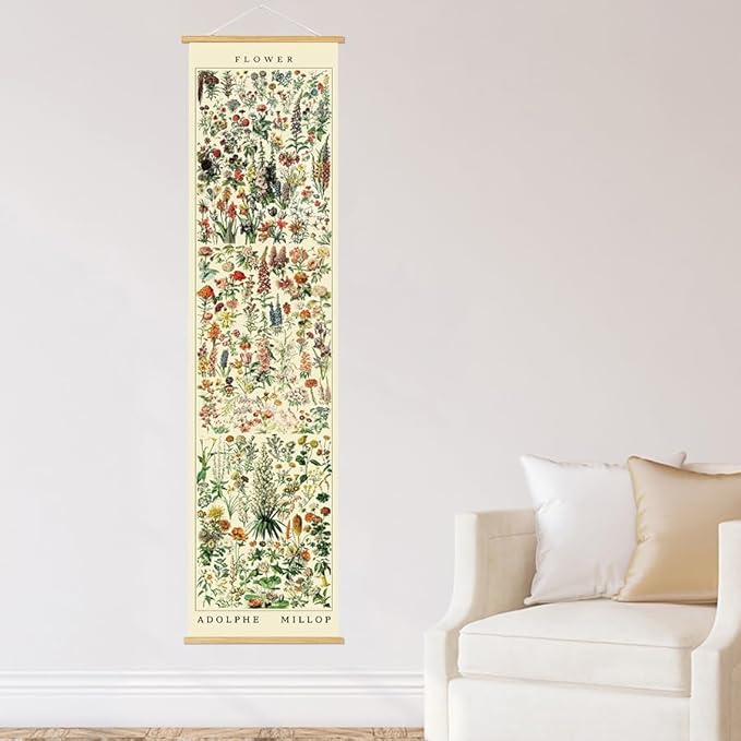 BAEMEFLE Vintage Flowers Poster Hanger Frame, Plant Floral Reference Chart Wall Decor Cottagecore Room Decor Aesthetic, Retro Style Wall Decor Art Painting Prints. (Long grass, 48L x 12W)