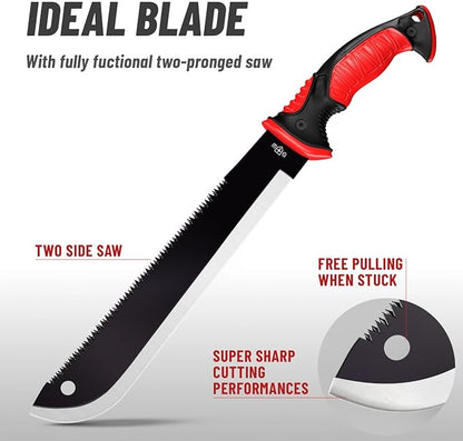 Machete with Saw 25" / 19" Heavy Duty Tool & Sheath - Ergonomic No-Slip Handle - Survival Knife with Serrated Blade - Machetes for Bushcraft Hunting Garden Cutting Trees and Yard Work