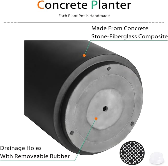 Round Concrete Planter Outdoor Indoor, Large Cement Plant Pots for Flowers (Black, 12 inch)