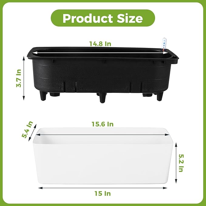 2 Pack Rectangular Planter 15.6 x 5.4 in Self Watering Planter Window Sill Planters Indoor Rectangle Plant Pot Self Watering Pots Plastic Plant pots with Drainage Holes Black Flower Pot