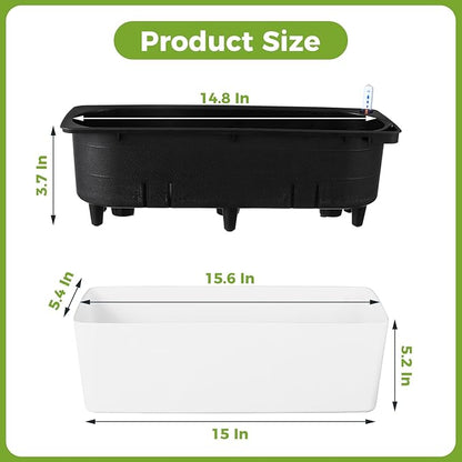 2 Pack Rectangular Planter 15.6 x 5.4 in Self Watering Planter Window Sill Planters Indoor Rectangle Plant Pot Self Watering Pots Plastic Plant pots with Drainage Holes Black Flower Pot