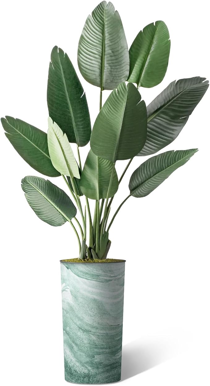 Artificial Tree in Green Watercolor Planter, Fake Bird of Paradise Silk Tree for Indoor and Outdoor Home Decoration - 67" Overall Tall (Plant Pot Plus Tree)