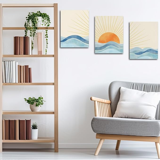 Boho Sun Ray Framed Canvas Wall Art Decor Set of 3, Neutral Geometric Sun Rising on the Sea Painting Artworks for Wall, Minimalist Art Picture for Home Living Room Bathroom Office, 11.4"x15"