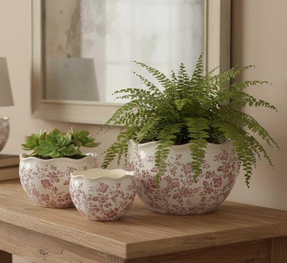 Galt International Ceramic Plant Pots Set of 3 Rustic Vintage Farmhouse Cream Crackle Glaze (11"/ 9.6"/ 7") Garden Indoor Outdoor Flower Planter w/Drainage Hole (Vintage Red)