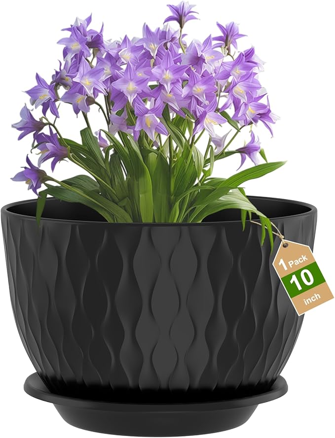 10 inch Large Plant Pots, Flower Pots with Multi-Mesh Drainage Holes and Saucer, Plastic Planters for Indoor and Outdoor Garden Plants (Black, 10")