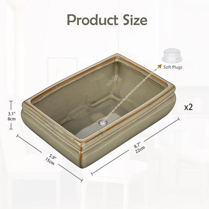 Ceramic Bonsai Pots with Drainage Hole, Set of 2 Rectangular Glazed Bonsai Planters for Indoor/Outdoor Use, Shallow Brown Bonzai Tree Pots for Succulent, Orchids, Cacti, Home, Patio, Garden, 8.7"x5.9"