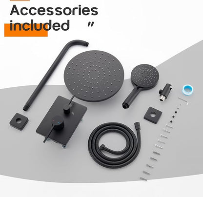 Bathroom Rainfall Shower System Set with 10'' Rain Shower Head, 3-Setting Handheld Spray, Valve Included Wall Mounted Matte Black SF001MB-D10