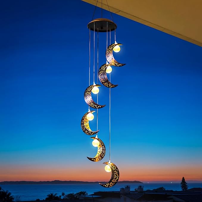 Tryme Solar Moon Wind Chimes Outdoor Solar Lights Windchimes Waterproof Hanging Decorations Gifts for Garden Patio Birthday Thanksgiving Home Party