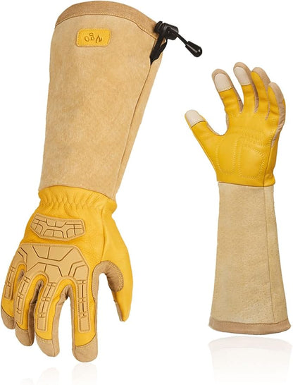 Vgo... Men's Extra-Long Leather Gardening Gloves, Gauntlet with Adjustable Cuff, Puncture & Thorn Proof, Touchscreen (CA9659)