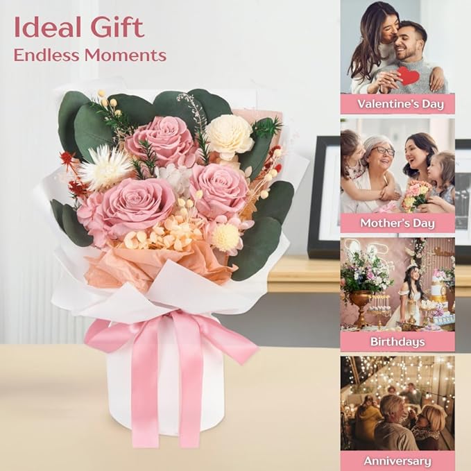Forever Flowers Bouquet, Preserved Long-Lasting Pastel Pink Roses, Vase-Ready Arrangement for Birthday, Anniversary, Graduation, Valentine’s Day, Mother’s Day Gifts for Women