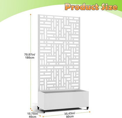 Metal Raised Garden Bed with Trellis, 2-in-1 Planter Box & Privacy Screen for Climbing Plants, Outdoor Standing Flower Bed with Drainage Holes, 35.4" L x 15.7" W x 70.1" H, White-Helen
