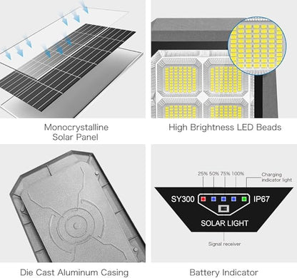 Solar Street Lights Outdoor, 4600W Solar Powered Flood Lights IP67 Waterproof 6500K 504 LEDs Commercial Security Light with Remote Control Dusk to Dawn for Parking Lot Yard Garden Garage etc.