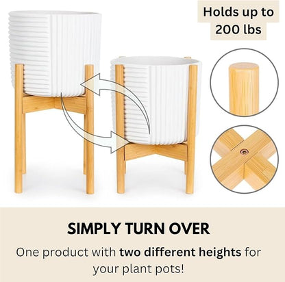 Fox & Fern Large Adjustable Plant Stand Indoor — 11 to 15 Inch Premium Mid Century Bamboo Plant Stand; Plug In Design; Easy Assembly; Two Heights - For 11, 12, 13, 14 & 15 Inch Pots (Not Included)