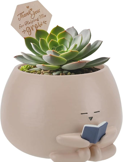 Bookworm Planter Pot Succulent Pot for Book and Plant Lover & Thank You Card, Emotional Support Gift, End of School Gift, Teacher Gifts Mother Dad Appreciation M
