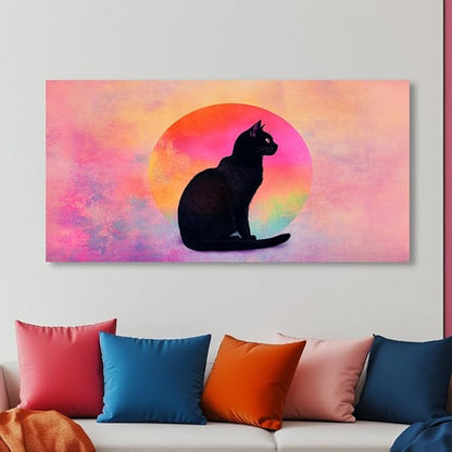 Black Cat Wall Art - Pink & Purple Sunset Landscape Painting with Silhouette Cat, Cute Retro Cartoon Cat Poster Painting Abstract Animal Wall Décor for Living Room Kid's Girls Bedroom Nursery Ready to Hang (20x40 Inches)
