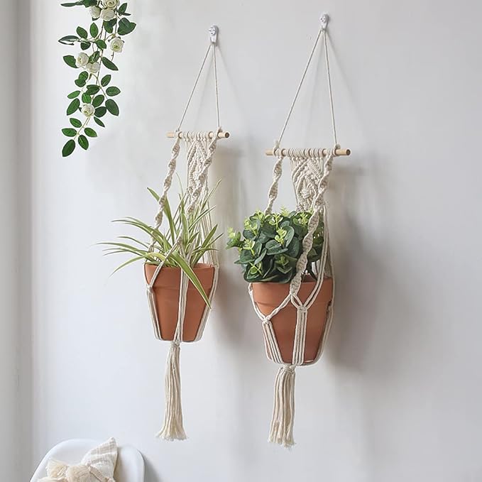 Boho Macrame Plant Hangers - Handmade Hemp Rope Hanging Baskets for Plants with Ceiling Hooks, Bohemian Home Decor