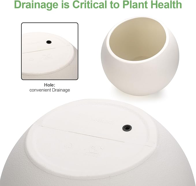 13.78”Dx11”H Lightweight Durable Modern Plastic Sphere Planter with Drainage Hole & Rubber Plug Weather Resistant,Planters for Indoor Plants & Outdoor,Large Plant Pot,(White, 9" Pot Opening)
