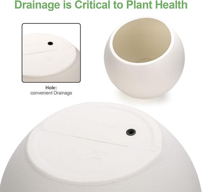 13.78”Dx11”H Lightweight Durable Modern Plastic Sphere Planter with Drainage Hole & Rubber Plug Weather Resistant,Planters for Indoor Plants & Outdoor,Large Plant Pot,(White, 9" Pot Opening)