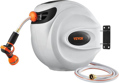 VEVOR Retractable Hose Reel, 115 ft x 1/2 inch, Garden Water Hose Reel with 9-Pattern Nozzle, 180° Swivel Bracket Wall-Mounted, Automatic Rewind, Lock at Any Length, with Slow Return System