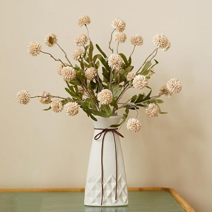 10PCS Artificial Chrysanthemum Ball Flowers Fake Mums with Long Stems Pom Pom Faux Mini Mum Flower Arrangements for Home Party Wedding Decoration (Beige)