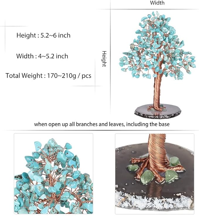 Natural Healing Crystal Tree of Prosperity Wire Wrapped on Agate Base Handmade Money Tree Bonsai Home Office Decoration for Good Luck, Green Howlite Turquoise