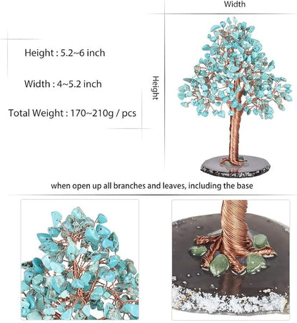 Natural Healing Crystal Tree of Prosperity Wire Wrapped on Agate Base Handmade Money Tree Bonsai Home Office Decoration for Good Luck, Green Howlite Turquoise