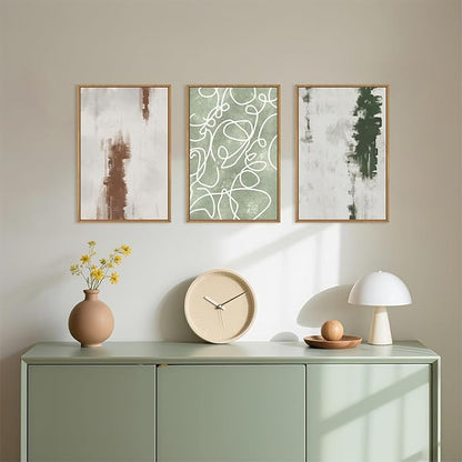 Aryroi Large Abstract Green Brown Geometric Framed Canvas Wall Art Set,Minimalist Neutral Brush Stroke Wall Decor,Modern Watercolor White Curved Lines Artwork For Living Room,Bedroom,Office-24 x36 x3