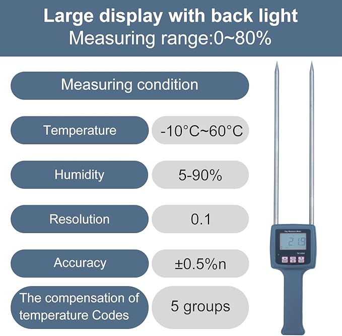 TK100H Portable Hay Moisture Meter - Precise Hay Moisture Tester with Probe for Monitoring and Ensuring Optimal Hay Quality, Preventing Mold and Spoilage