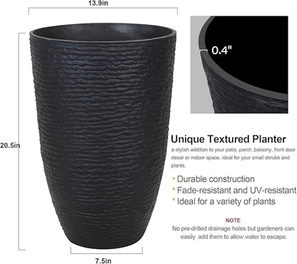 KOL 2-Pack 21in. Tall Plastic Planter - Large Round Tapered Plant Pots with Textured Finish - Black Imitation Stone Looking Big Flower Pots for Indoor & Outdoor Plants - Lightweight and Durable